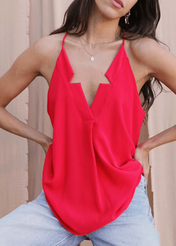 Meet your new go-to tank—the Star Neckline Tank Top in vibrant Tomato Red. Featuring a striking star cutout at the neckline and racerback spaghetti straps.  Made in the USA, it&