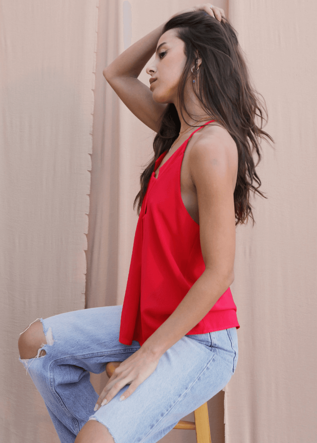 Meet your new go-to tank—the Star Neckline Tank Top in vibrant Tomato Red. Featuring a striking star cutout at the neckline and racerback spaghetti straps.  Made in the USA, it&