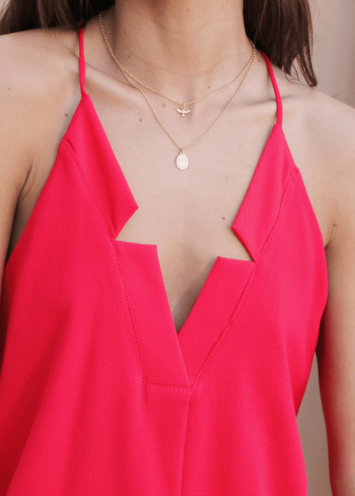 Meet your new go-to tank—the Star Neckline Tank Top in vibrant Tomato Red. Featuring a striking star cutout at the neckline and racerback spaghetti straps.  Made in the USA, it&