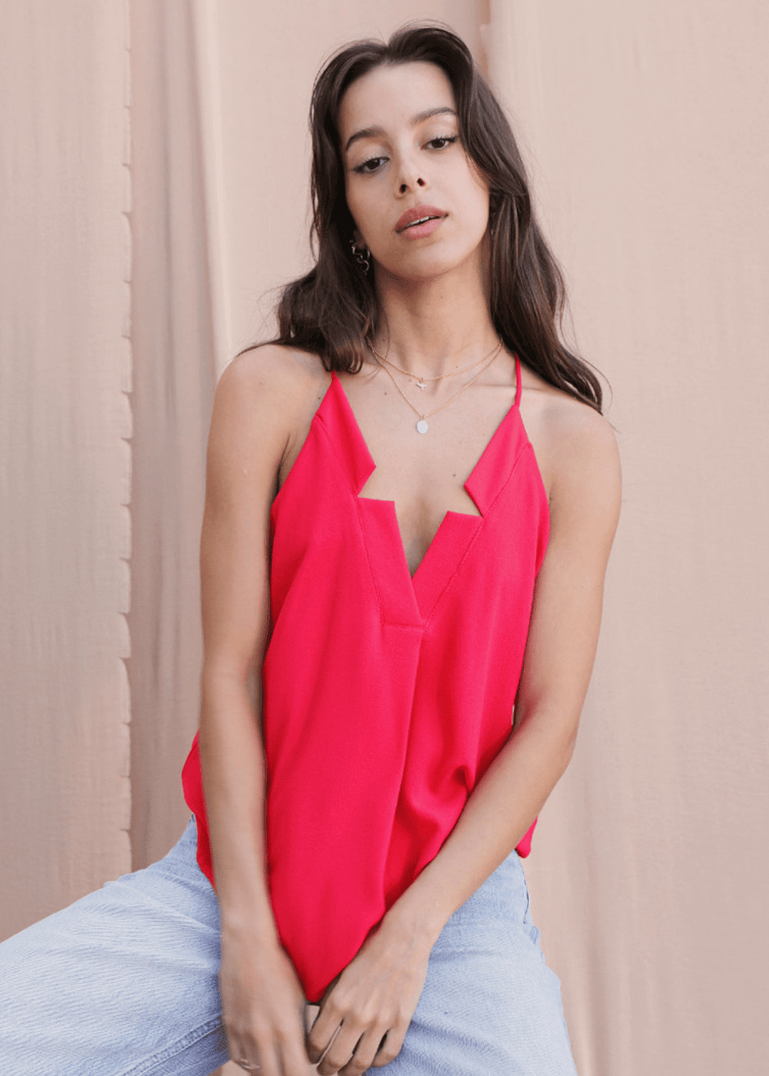 Meet your new go-to tank—the Star Neckline Tank Top in vibrant Tomato Red. Featuring a striking star cutout at the neckline and racerback spaghetti straps.  Made in the USA, it&