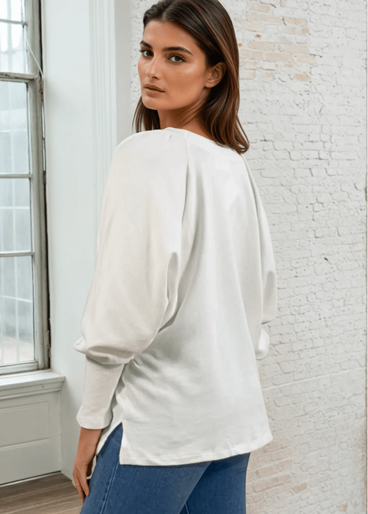 Made in USA Cotton Blend Off White Solid French Terry Dolman Sleeve Boat Neck, Wide Cuff, Raw edge detail  Sweatshirt | Classy Cozy Cool Women's Made in America Boutique