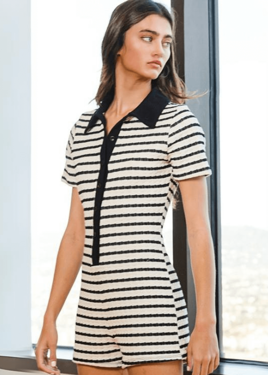 Bucket List Style# R5412 | Women's Black & Ivory Striped Short Sleeve Romper | Made in USA | Classy Cozy Cool Women's Made in America Boutique