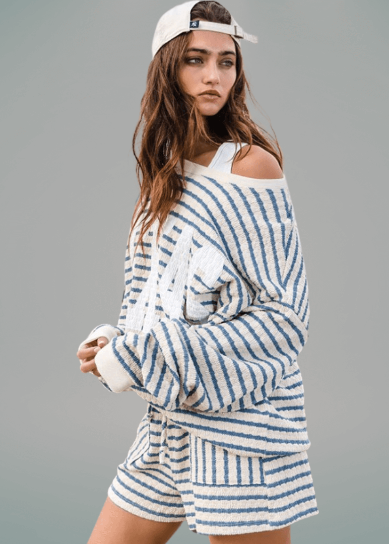Cotton Blend Textured Striped Shorts