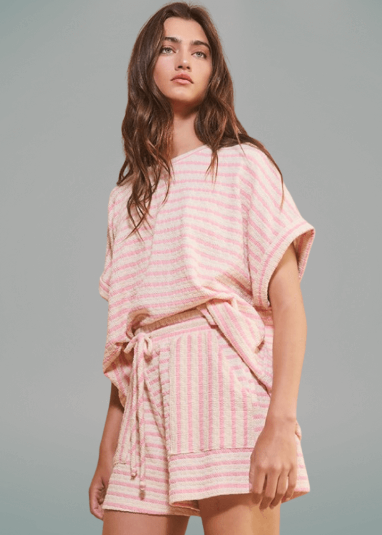Cotton Blend Textured Striped Shorts