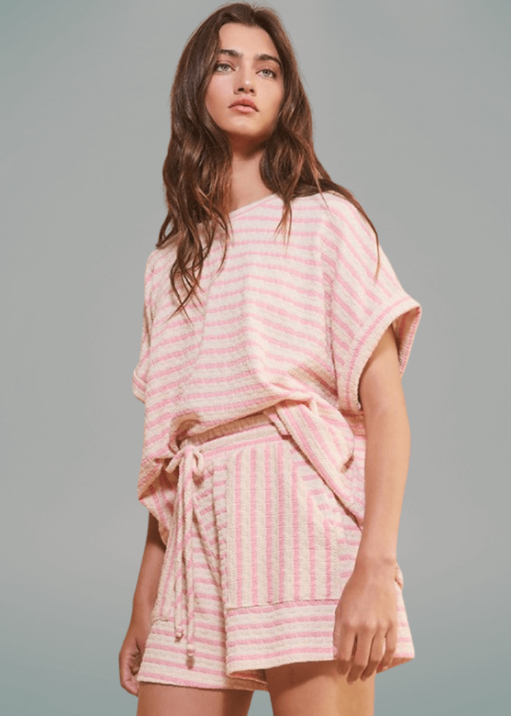 Cotton Blend Textured Striped Shorts