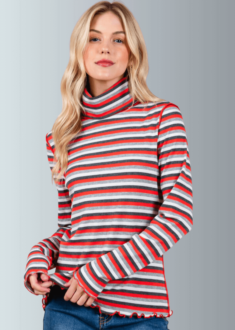 Made in USA Women's Super Cute Red and White Striped Turtle Neck Top, Lightweight Ribbed knit fabric, Lettuce merrow stitch detail at Cuffs & Hem, Inside Out Seams