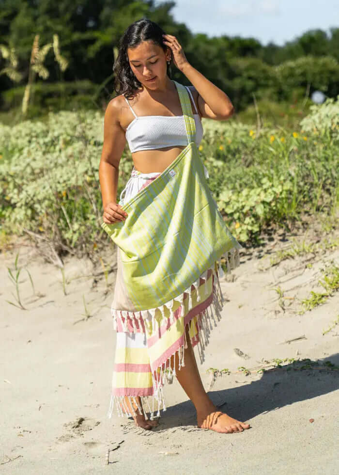 Shop the Beachables Striped 3-in-1 Turkish Cotton Beach Bag – converts from bag to towel to chair cover. Sand-resistant, quick-dry, machine washable. Made in USA.