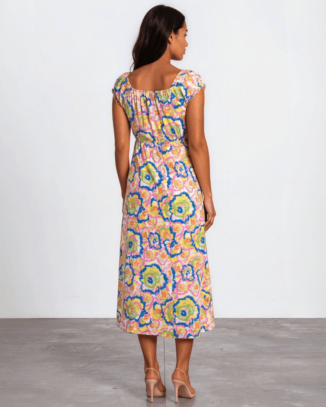 Our Sydney Sumer Vacation Sundress in Breezy rayon-linen blend, smocked waist &amp; bold pink abstract floral print — your new vacation dress. Made in USA