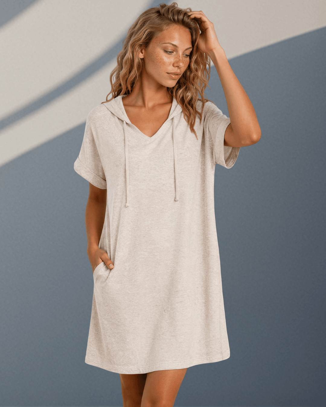 Women's oatmeal hoodie pocket midi dress with drawstring V-neckline and short sleeves, Made in USA