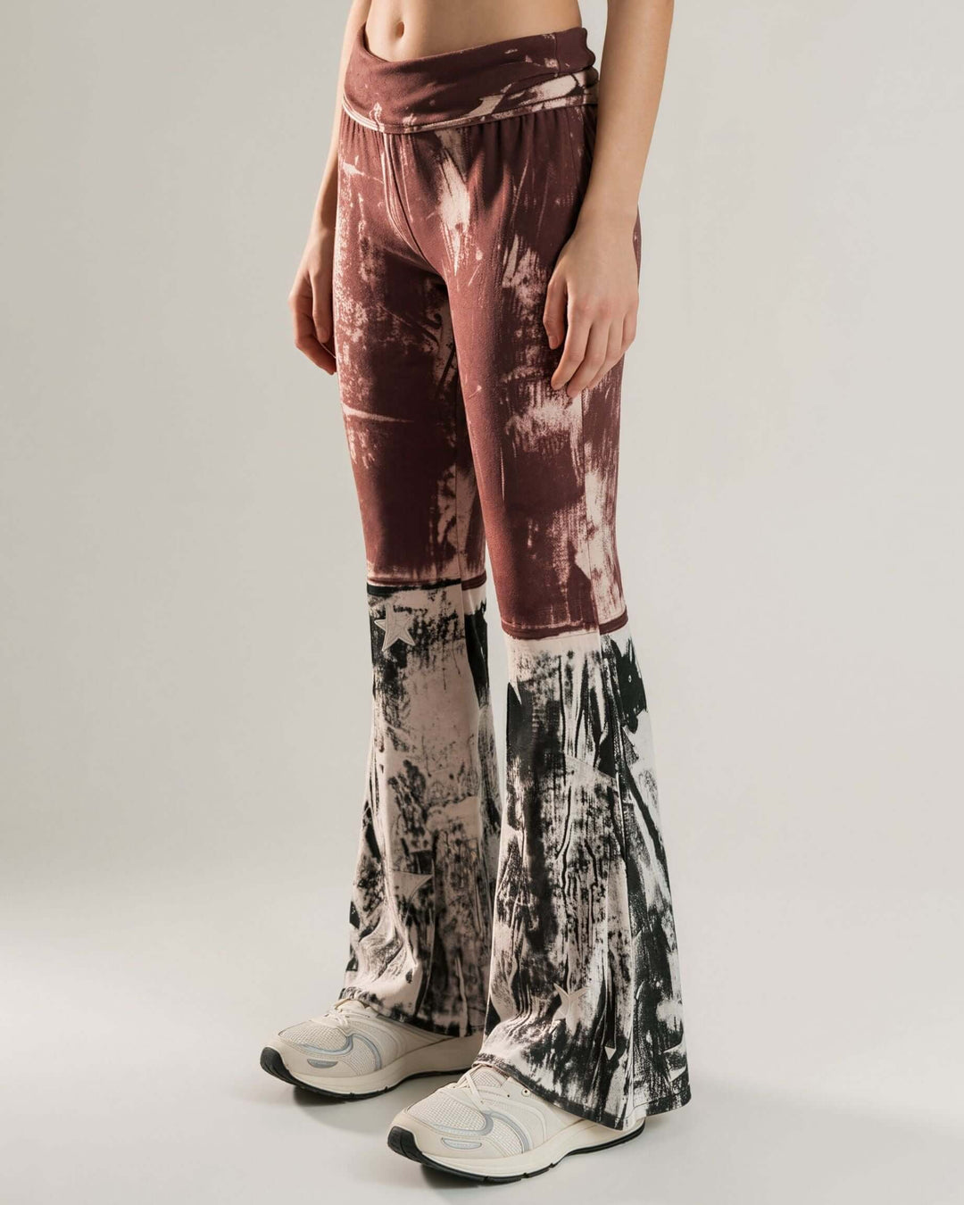 T-Party Ladies Distressed Cotton American Flag Boot Cut Patriotic 4th of July Fold Over Waist Flare Leg Pants | Made in USA | Classy Cozy Cool Women&