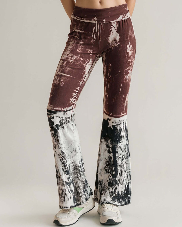 T-Party Ladies Distressed Cotton American Flag Boot Cut Patriotic 4th of July Fold Over Waist Flare Leg Pants | Made in USA | Classy Cozy Cool Women&