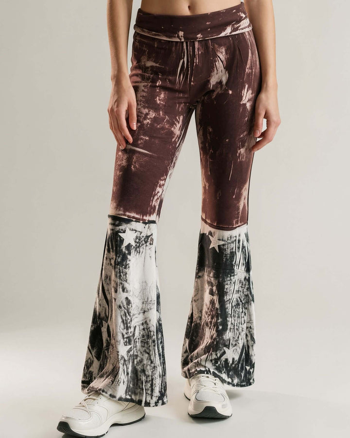T-Party Ladies Distressed Cotton American Flag Boot Cut Patriotic 4th of July Fold Over Waist Flare Leg Pants | Made in USA | Classy Cozy Cool Women&