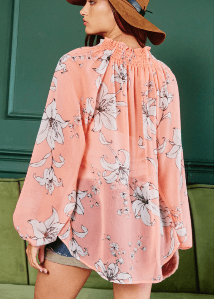 Made in USA |  Ladies Sheer Floral Smocked Collar Dressy Blouse in Coral with Floral Print | Style 
