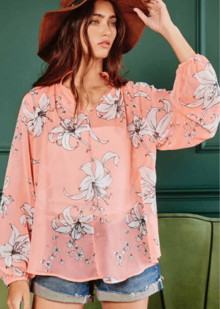 Made in USA |  Ladies Sheer Floral Smocked Collar Dressy Blouse in Coral with Floral Print | Style 
