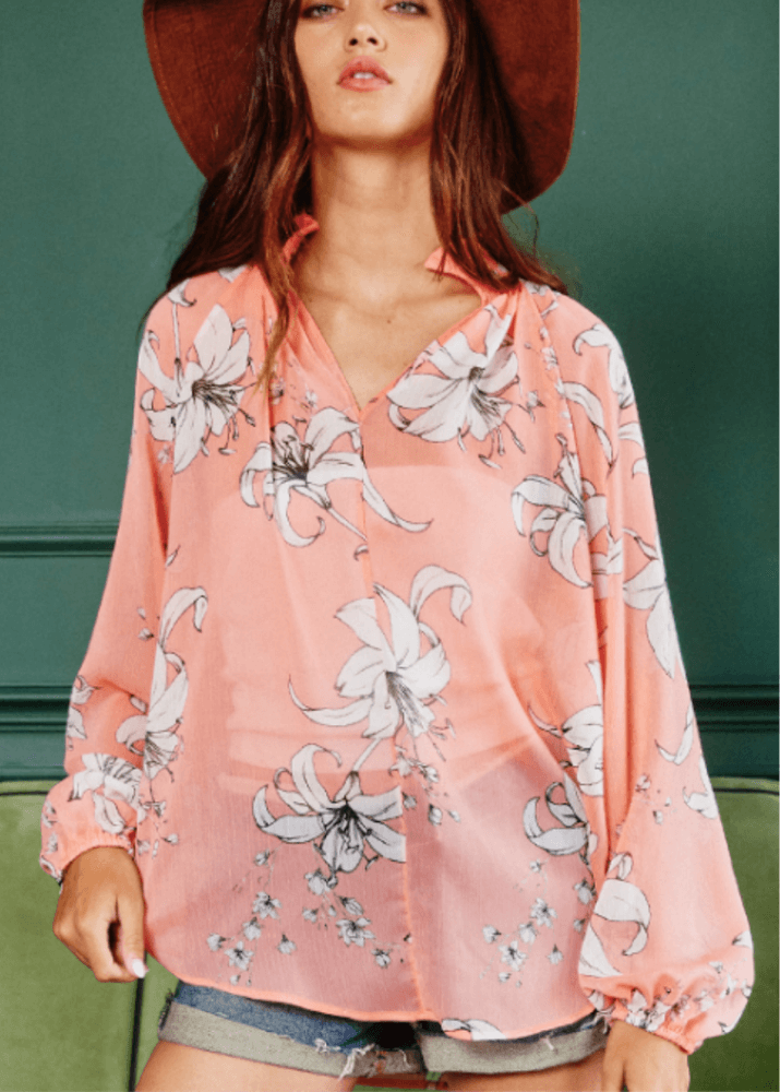 Made in USA |  Ladies Sheer Floral Smocked Collar Dressy Blouse in Coral with Floral Print | Style 