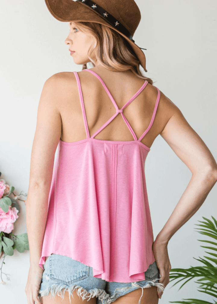 Pink Strappy Crossed Back Soft Flowy Ladies Tank Top  | Brand: Bucket List | Style 