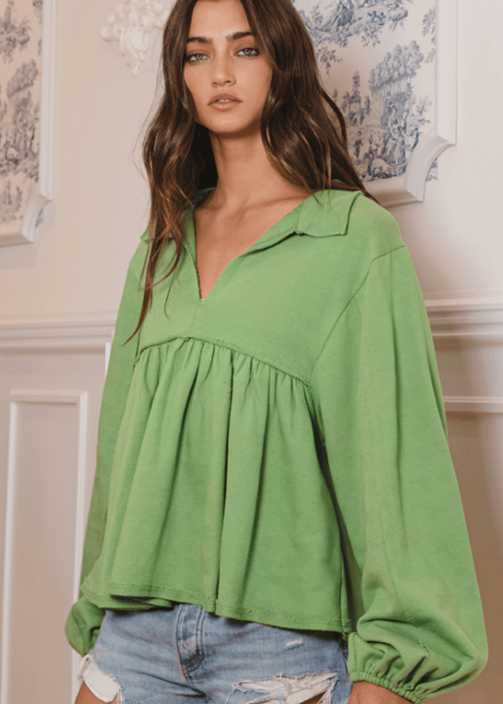 Sage Cotton Bubble Sleeve Sweatshirt - CLEARANCE FINAL SALE