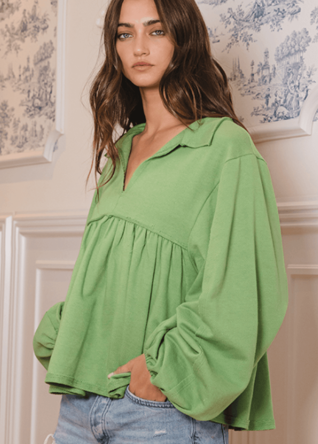 Sage Cotton Bubble Sleeve Sweatshirt - CLEARANCE FINAL SALE