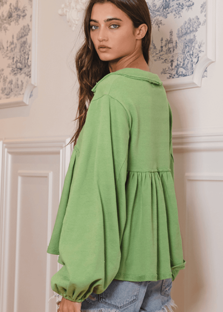 Sage Cotton Bubble Sleeve Sweatshirt - CLEARANCE FINAL SALE