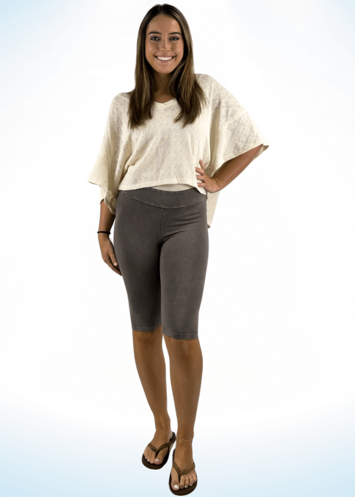 Ladies Mineral Washed in Desert Taupe Knee Length Biker Shorts | Chatoyant Style