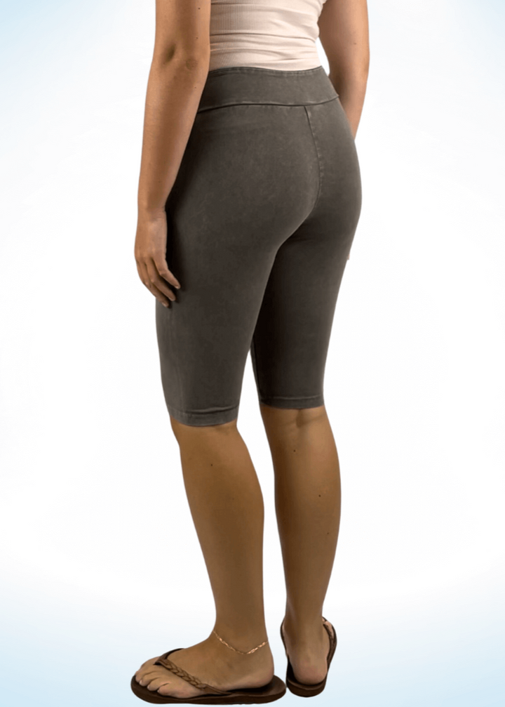 Ladies Mineral Washed in Desert Taupe Knee Length Biker Shorts | Chatoyant Style
