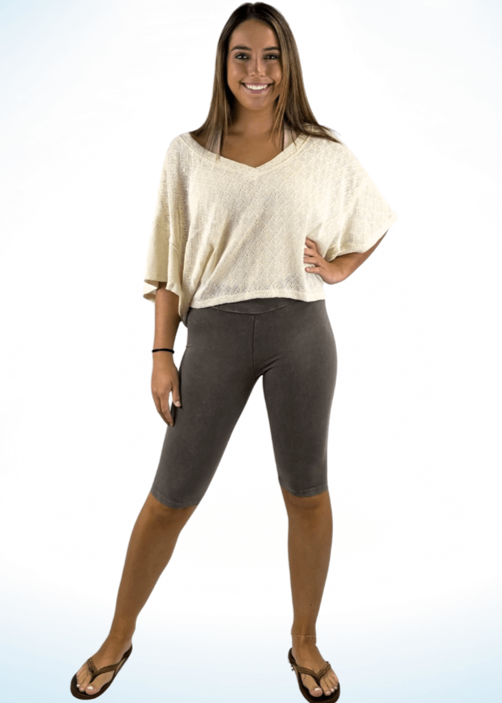 Ladies Mineral Washed in Desert Taupe Knee Length Biker Shorts | Chatoyant Style