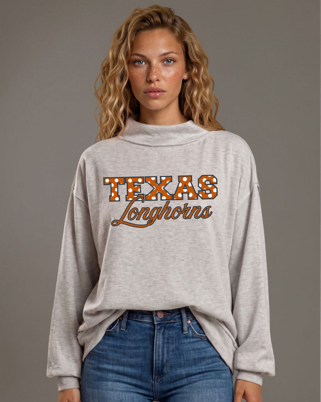 Texas Longhorns gameday polka dot graphic mock neck sweatshirt in heather grey. Oversized, super soft, made in USA. Perfect gameday top. Sizes S–L.