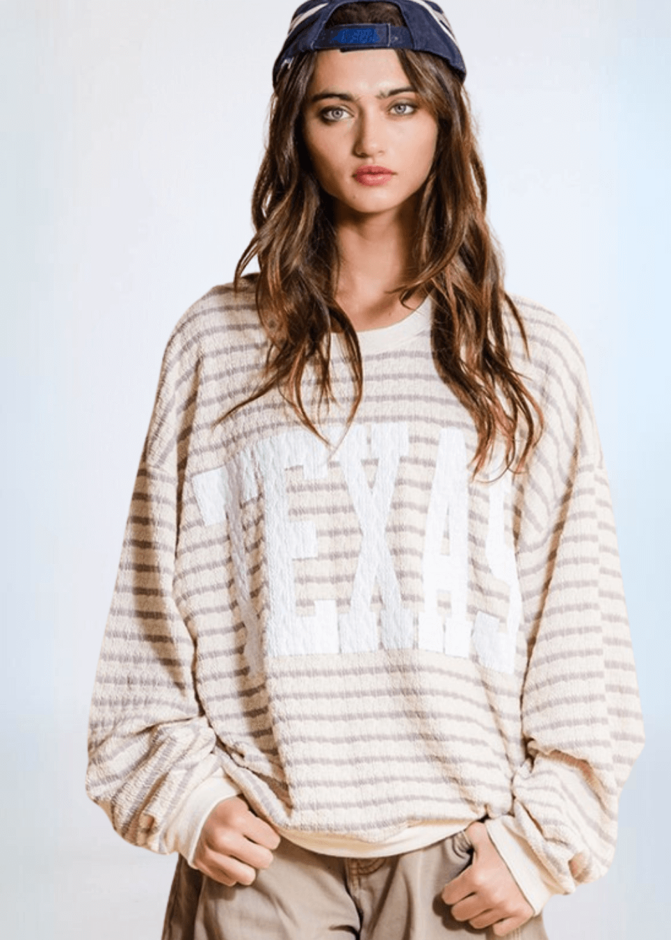 Made in USA Textured "TEXAS" Graphic Oversized Game Day Textured Sweatshirt with Crew Neck and Long Sleeves in Black or Pink with Cream Stripes | Bucket List Style T1770
