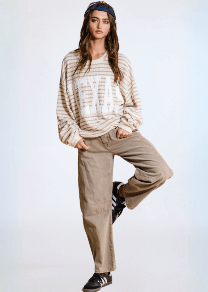 Made in USA Textured "TEXAS" Graphic Oversized Game Day Textured Sweatshirt with Crew Neck and Long Sleeves in Black or Pink with Cream Stripes | Bucket List Style T1770