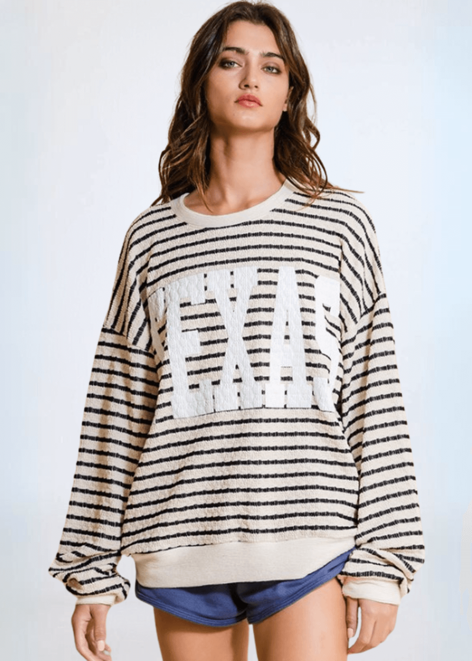 Made in USA Textured "TEXAS" Graphic Oversized Game Day Textured Sweatshirt with Crew Neck and Long Sleeves in Black or Pink with Cream Stripes | Bucket List Style T1770