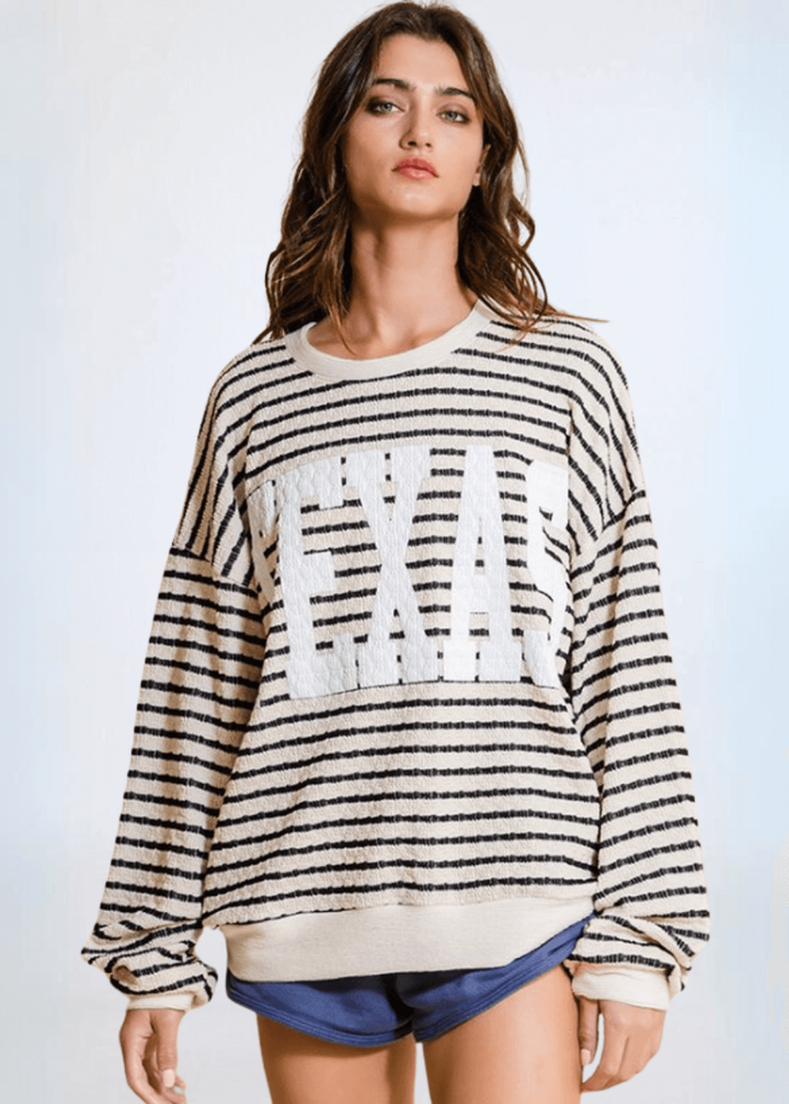 Made in USA Textured "TEXAS" Graphic Oversized Game Day Textured Sweatshirt with Crew Neck and Long Sleeves in Black or Pink with Cream Stripes | Bucket List Style T1770