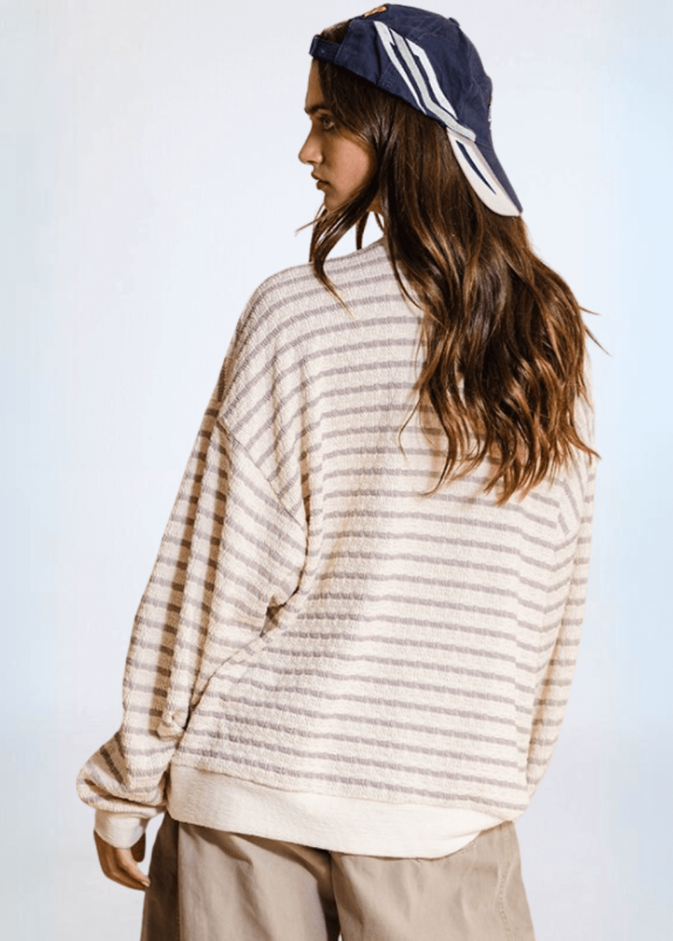 Made in USA Textured "TEXAS" Graphic Oversized Game Day Textured Sweatshirt with Crew Neck and Long Sleeves in Black or Pink with Cream Stripes | Bucket List Style T1770
