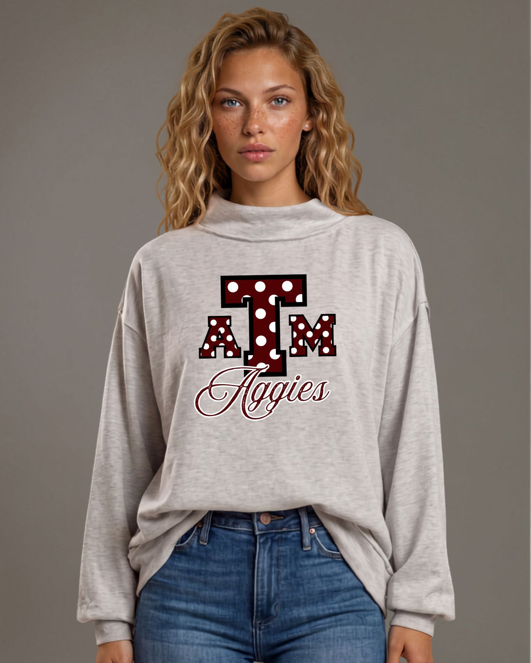 Texas A&M Aggies gameday polka dot graphic mock neck sweatshirt in heather grey. Oversized, super soft, made in USA. Perfect gameday top. Sizes S–L.