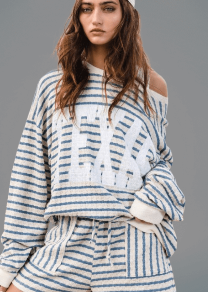 Made in USA Textured "TEXAS" Graphic Oversized Game Day Textured Sweatshirt with Crew Neck and Long Sleeves in Blue and Cream Stripes | Bucket List Style T1770