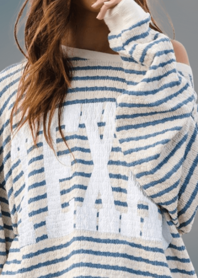 Made in USA Textured "TEXAS" Graphic Oversized Game Day Textured Sweatshirt with Crew Neck and Long Sleeves in Blue and Cream Stripes | Bucket List Style T1770