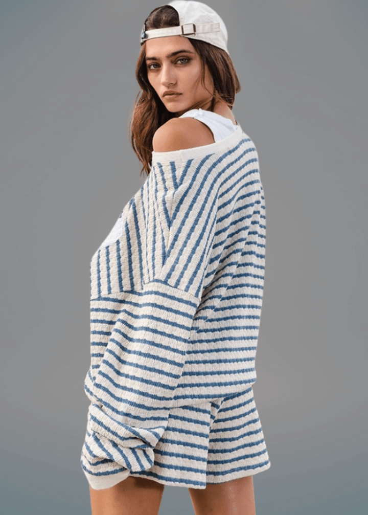 Made in USA Textured "TEXAS" Graphic Oversized Game Day Textured Sweatshirt with Crew Neck and Long Sleeves in Blue and Cream Stripes | Bucket List Style T1770