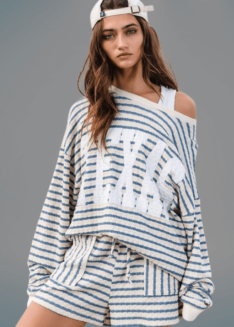 Made in USA Textured "TEXAS" Graphic Oversized Game Day Textured Sweatshirt with Crew Neck and Long Sleeves in Blue and Cream Stripes | Bucket List Style T1770