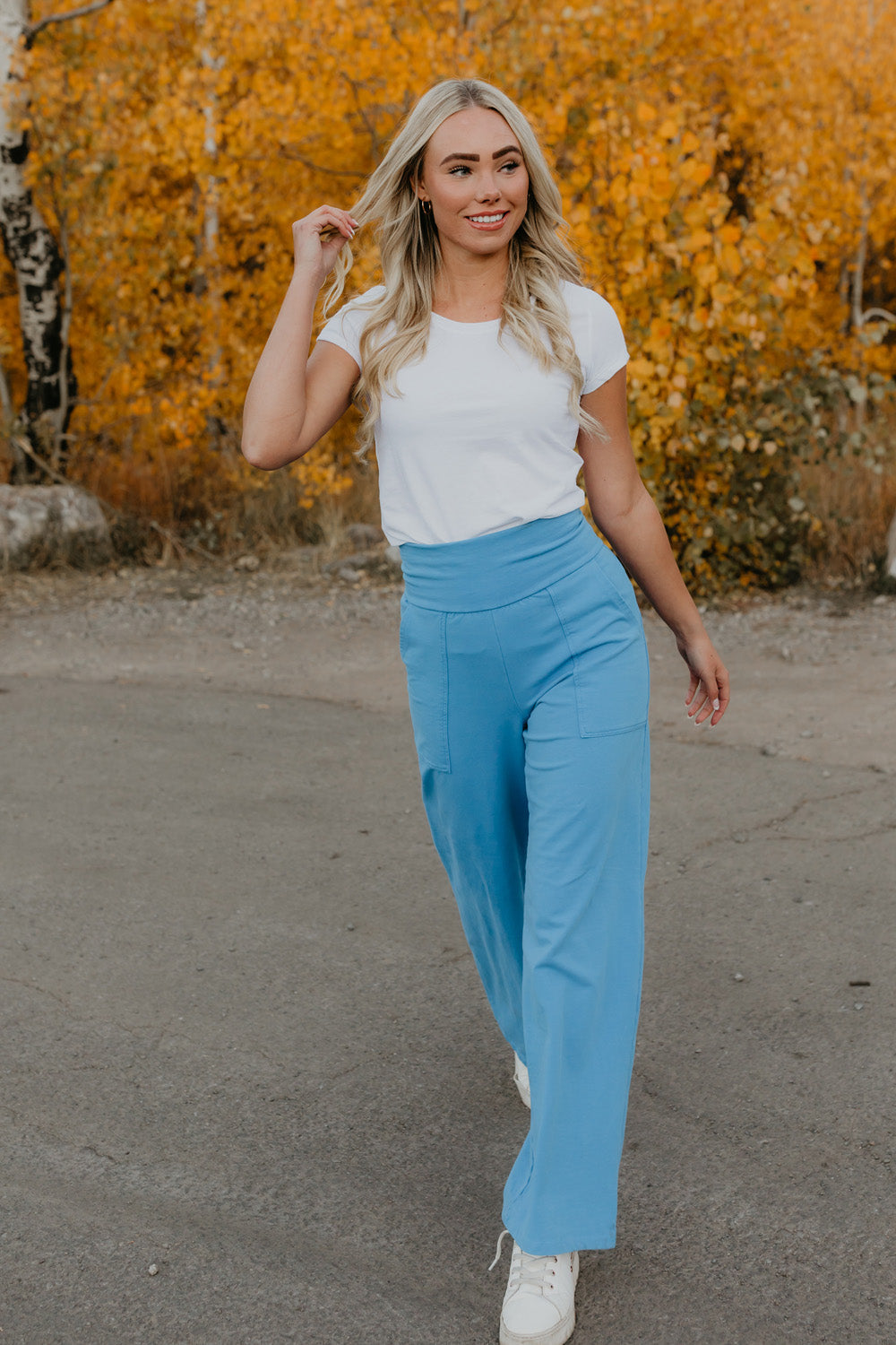Shop The Comfy Pant by People of Leisure — organic cotton blend in Blue &amp; Black. Relaxed fit, ethically made in LA. Sizes S–XL.