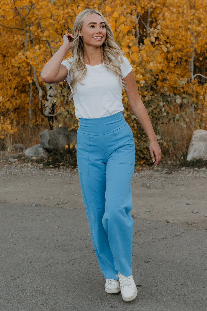 Shop The Comfy Pant by People of Leisure — organic cotton blend in Blue &amp; Black. Relaxed fit, ethically made in LA. Sizes S–XL.