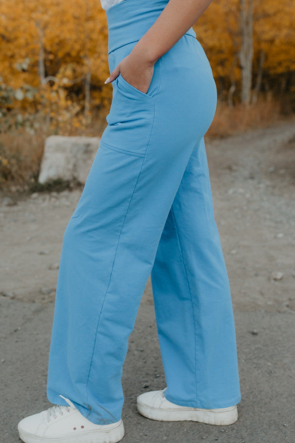 Shop The Comfy Pant by People of Leisure — organic cotton blend in Blue & Black. Relaxed fit, ethically made in LA. Sizes S–XL.