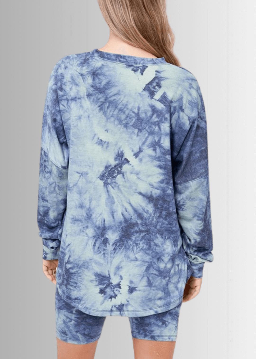 USA Made Ladies Super Soft 2 piece Tie Dye Pajama Loungewear Set with Long Sleeve Shirt and Biker Shorts in Blue, Teal