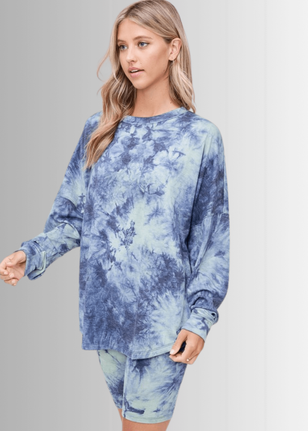 USA Made Ladies Super Soft 2 piece Tie Dye Pajama Loungewear Set with Long Sleeve Shirt and Biker Shorts in Blue, Teal