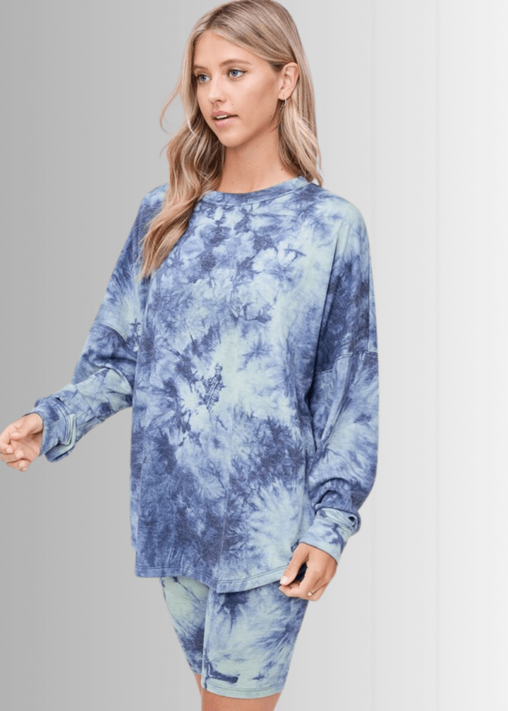 USA Made Ladies Super Soft 2 piece Tie Dye Pajama Loungewear Set with Long Sleeve Shirt and Biker Shorts in Blue, Teal