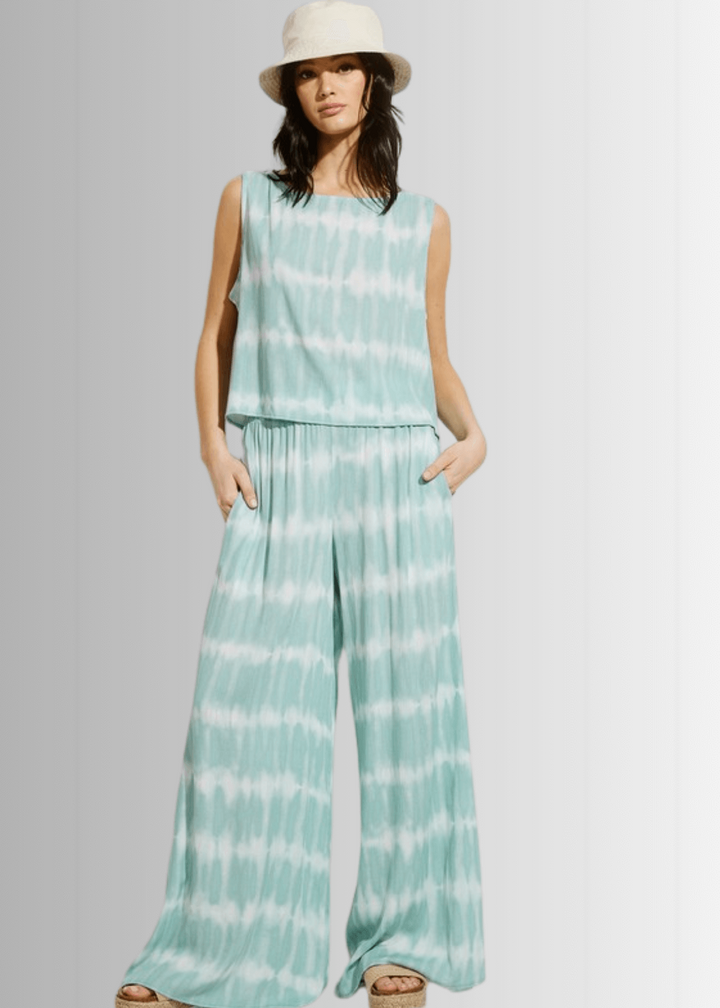 USA Made Light Aqua Turquoise Tie dye striped crop muscle top and palazzo pants 2 piece set for lounge, beach or every day wear || Classy Cozy Cool Women&