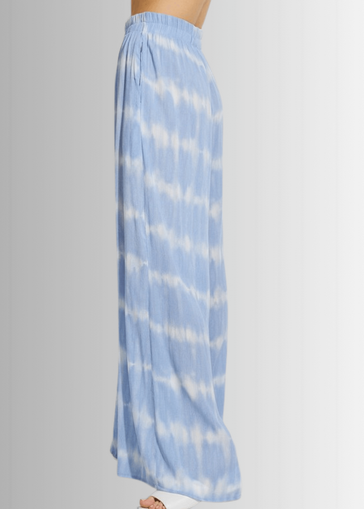 USA Made Light Blue Tie dye striped crop muscle top and palazzo pants 2 piece set for lounge, beach or every day wear | Classy Cozy Cool Women&
