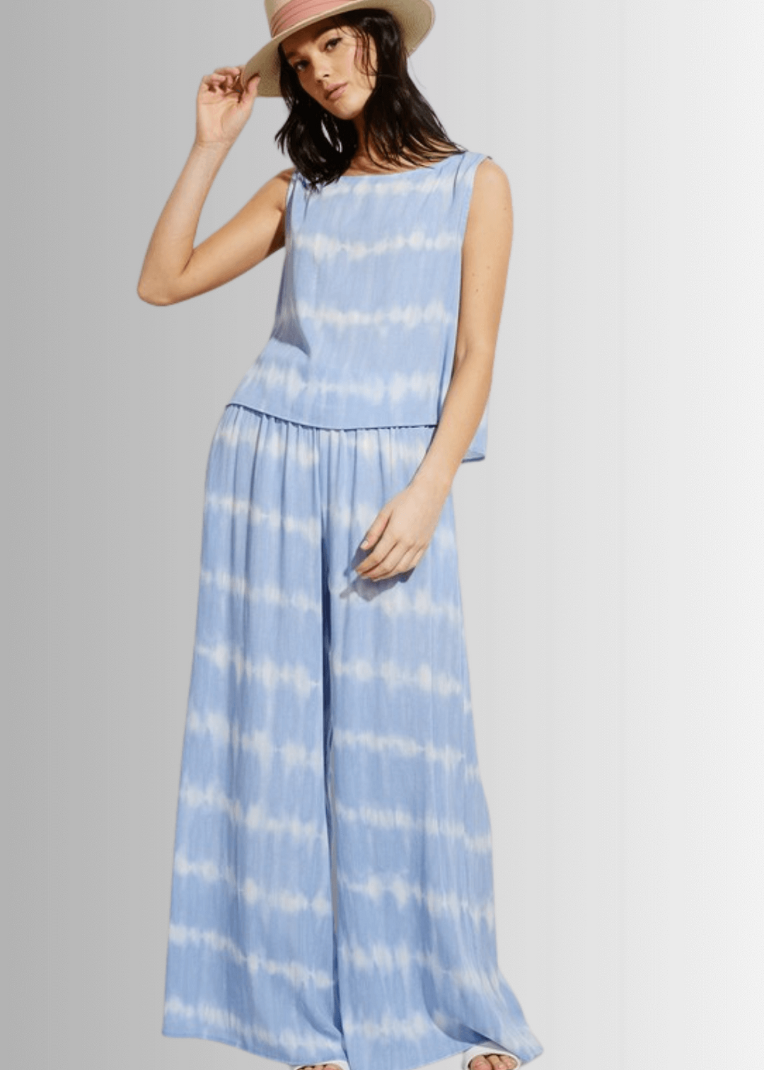 USA Made Light Blue Tie dye striped crop muscle top and palazzo pants 2 piece set for lounge, beach or every day wear | Classy Cozy Cool Women&