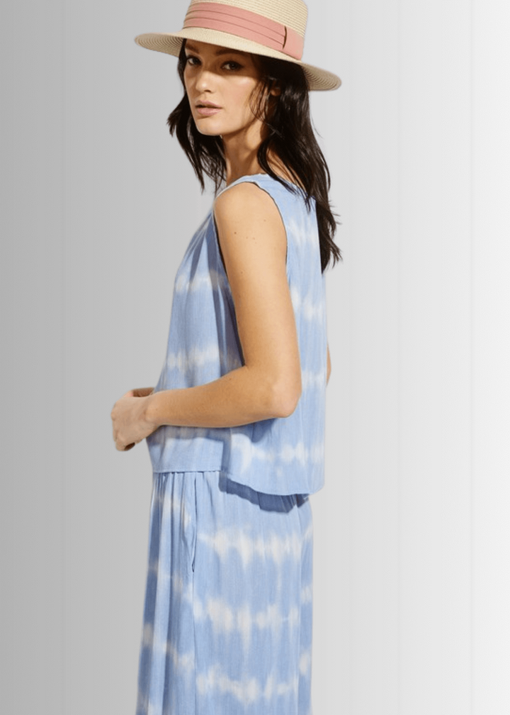 USA Made Light Blue Tie dye striped crop muscle top and palazzo pants 2 piece set for lounge, beach or every day wear | Classy Cozy Cool Women&