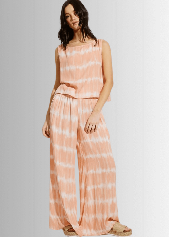 USA Made Light Peach Tie dye striped crop muscle top and palazzo pants 2 piece set for lounge, beach or every day wear || Classy Cozy Cool Women&