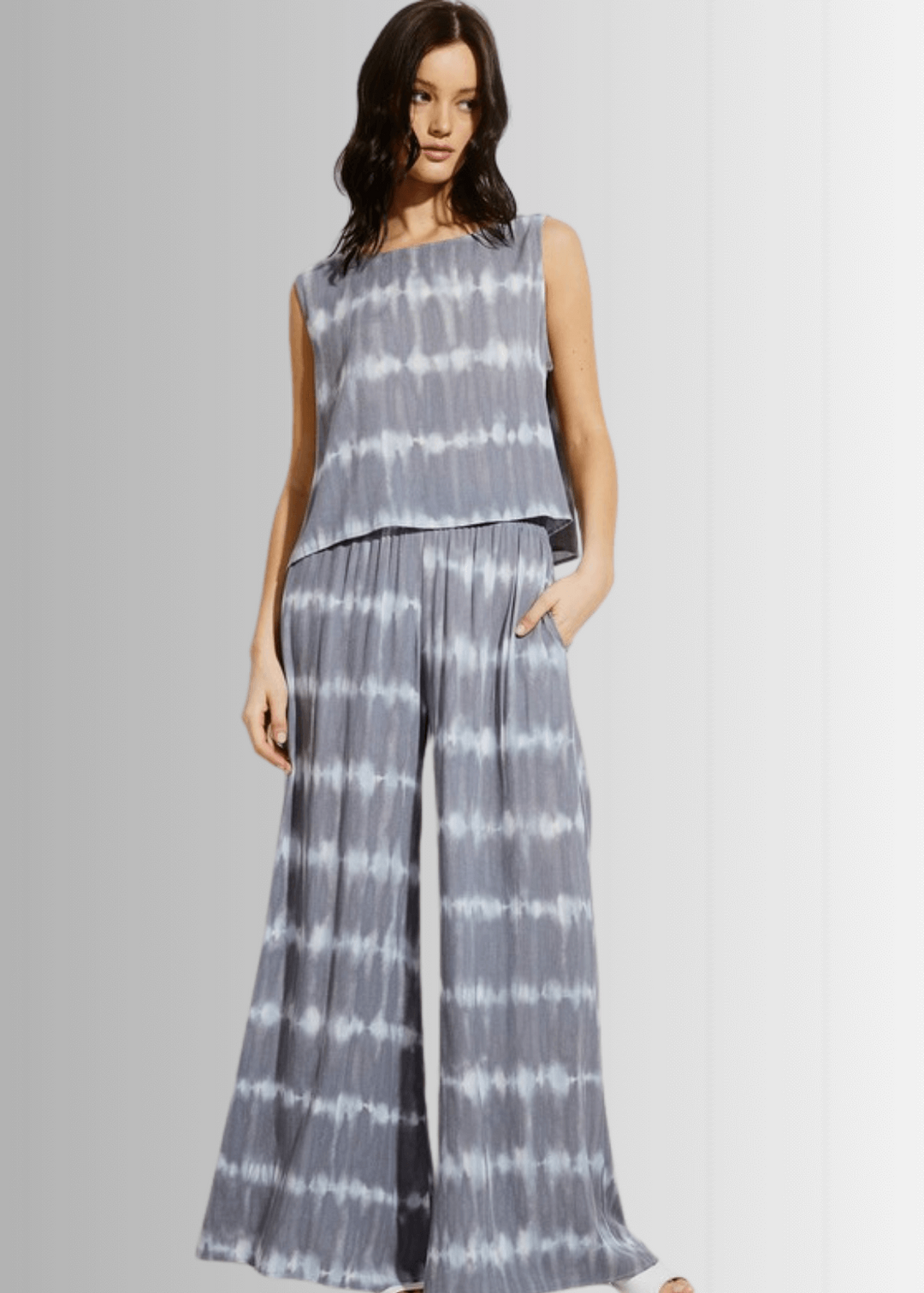 USA Made Charcoal Grey Tie dye striped crop muscle top and palazzo pants 2 piece set for lounge, beach or every day wear | Classy Cozy Cool Women&