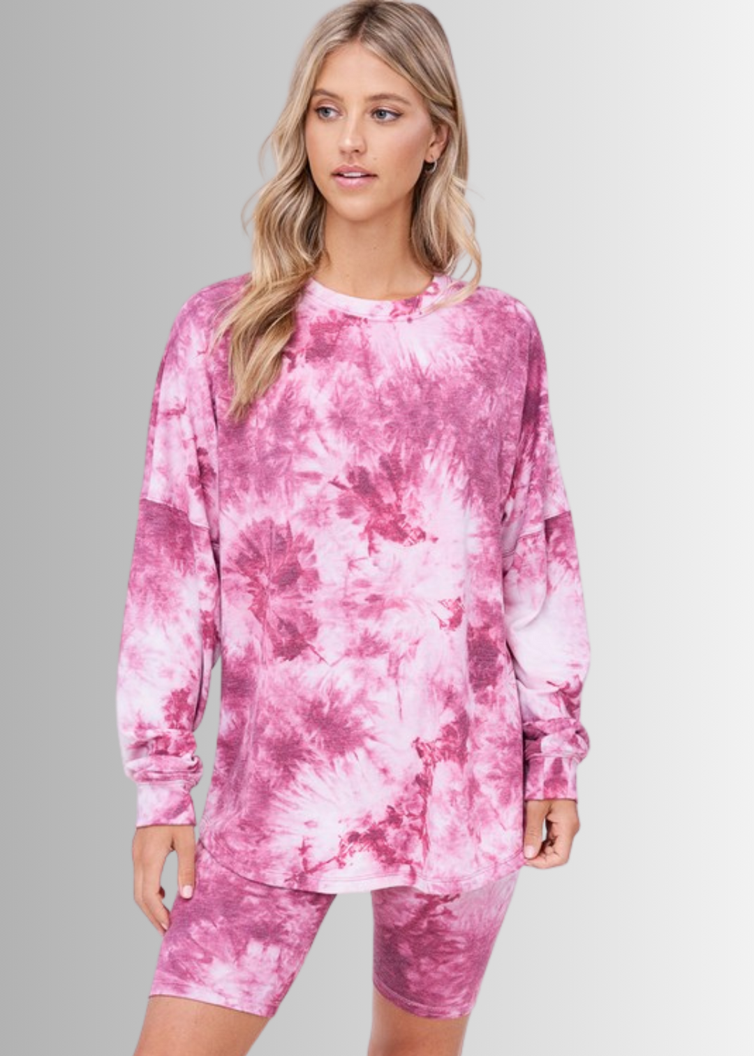 USA Made Ladies Super Soft 2 piece Tie Dye Pajama Loungewear Set with Long Sleeve Shirt and Biker Shorts in Pink